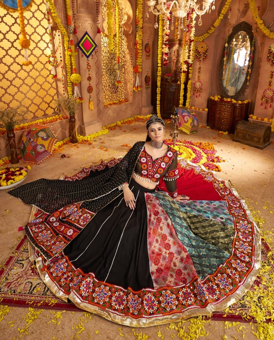 11002 - Regal Black Thread Embroidered Viscose Navratri Wear Lehenga Choli